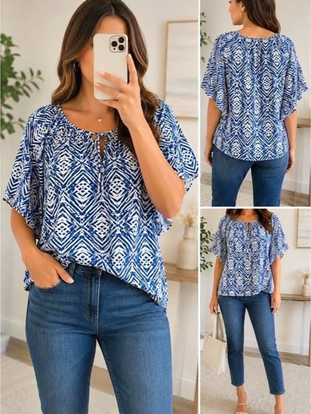 Espresso Geometric Blouse in Blue & White Size Medium